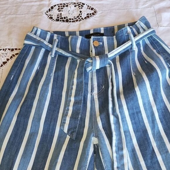 Ann Taylor High Waisted Wide Leg Belted Blue Jean Sz. 0 Capris w Pockets - Picture 6 of 10